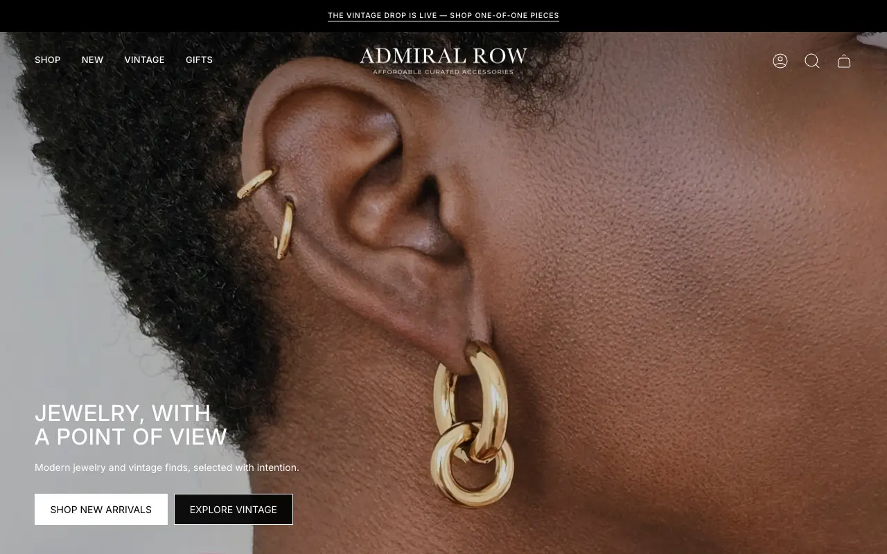 Rebuilt Admiral Row homepage with editorial jewelry imagery, primary shopping navigation, and paths to new arrivals and vintage
