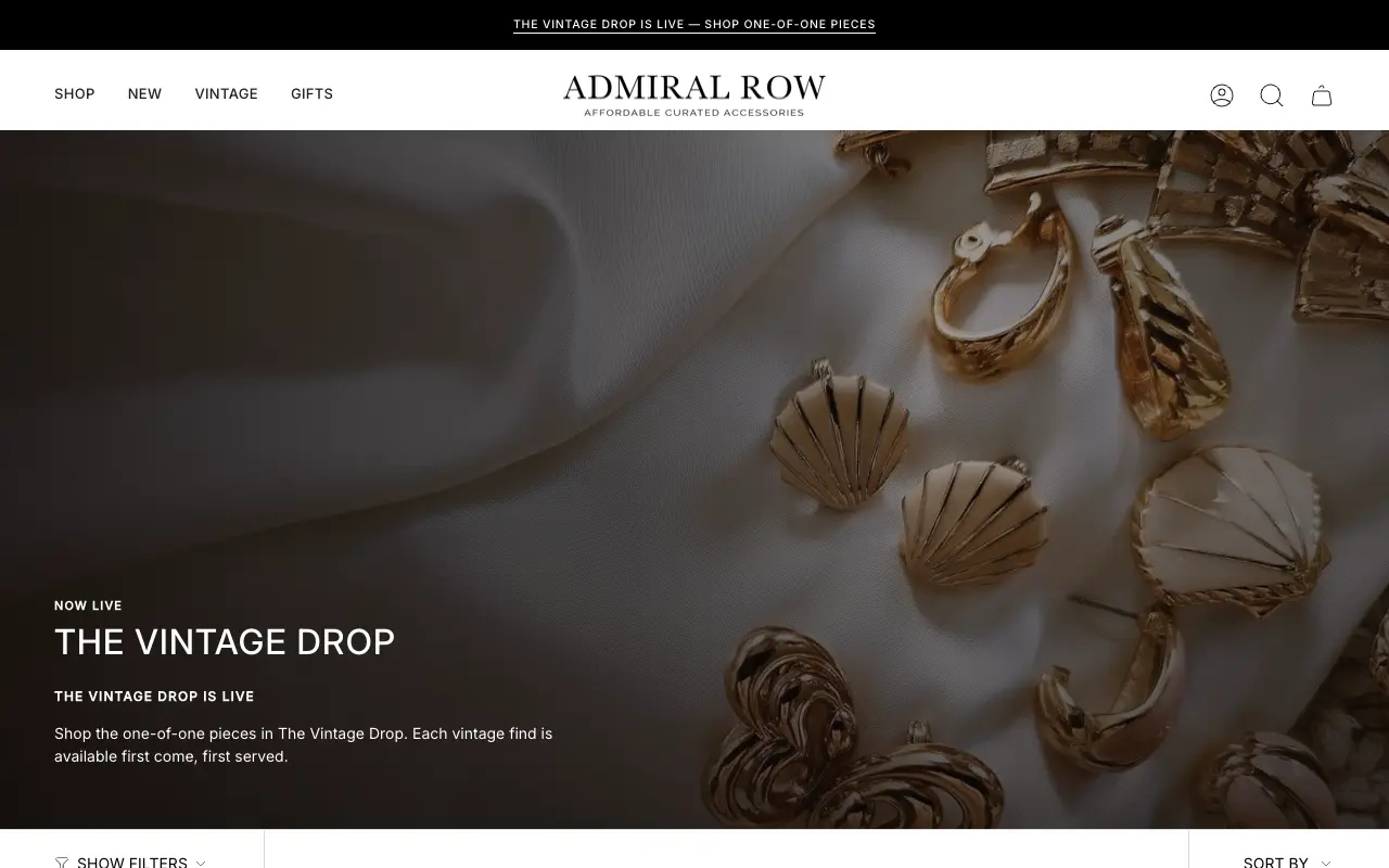Admiral Row Vintage Drop landing and collection experience with a now-live launch message and one-of-one products