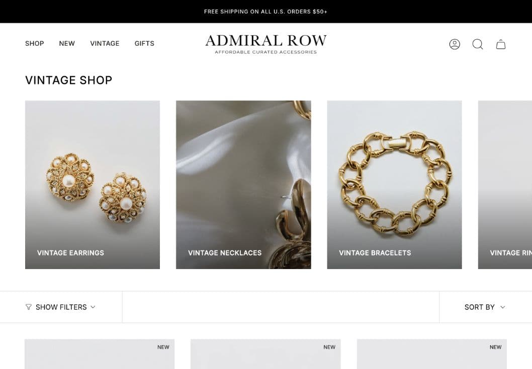 Admiral Row Vintage Shop collection page showing category navigation and jewelry merchandising